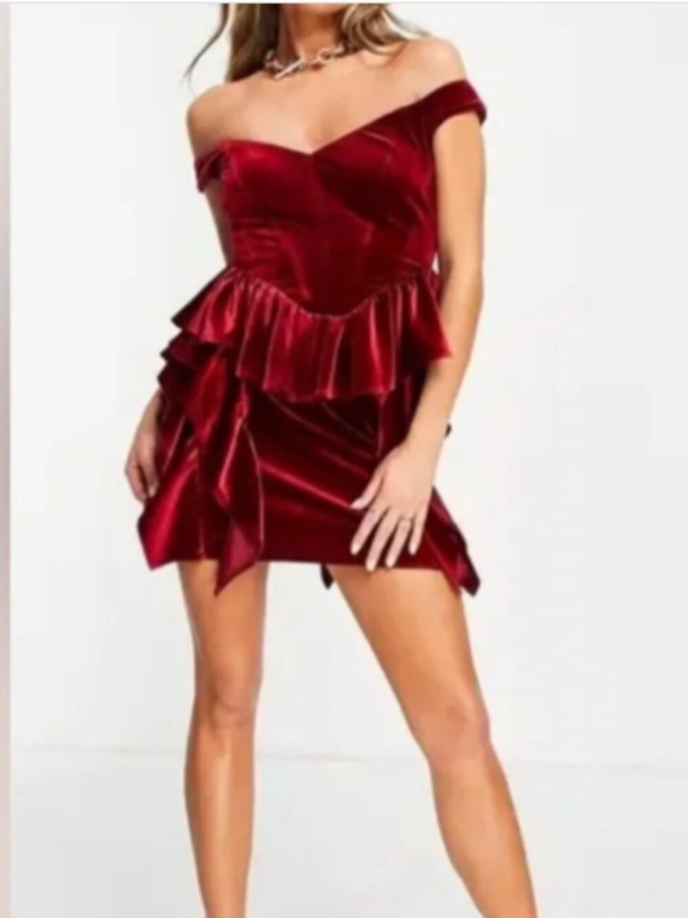 ASOS DESIGN Velvet Corset Ruffle Cascading Mini Dress Burgundy Red US 12 UK 16